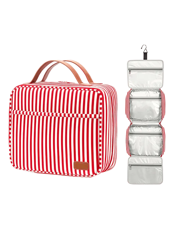 Saco de cosméticos grande para mulher com compartimentos para pendurar, para viagem, padrão às riscas. Modelo em vermelho. Saco de cosméticos grande para senhora com compartimentos suspensos, para viagem, com padrão às riscas. Modelo em vermelho. Saco de cosméticos grande para senhora com compartimentos suspensos, para viagem, com padrão às riscas. Modelo em vermelho.