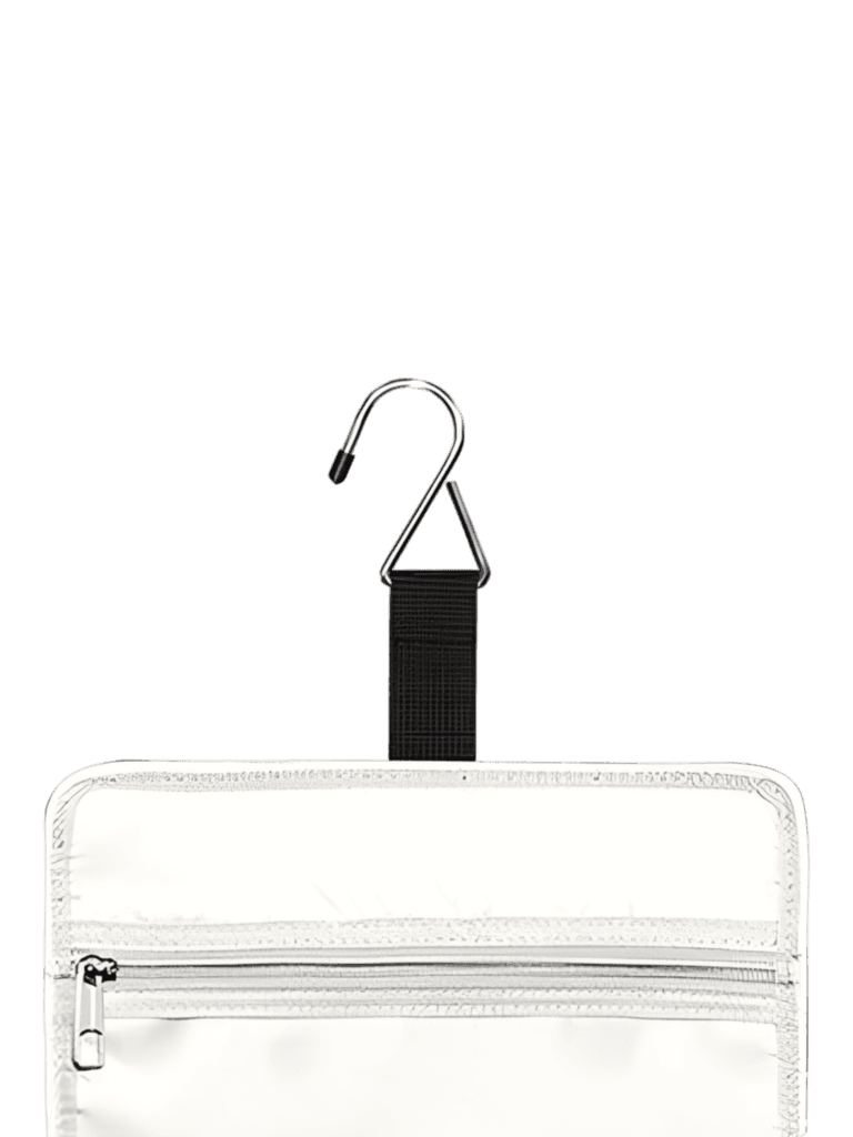 Gran neceser para mujer con compartimentos para colgar, de viaje, con diseño a rayas y bandas. Zoom gancho.