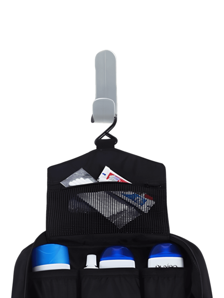 Trousse de toilette à crochet, camping, trekking, voyage, à suspendre en toile parachute avec compartiments, grand modèle détails crochet