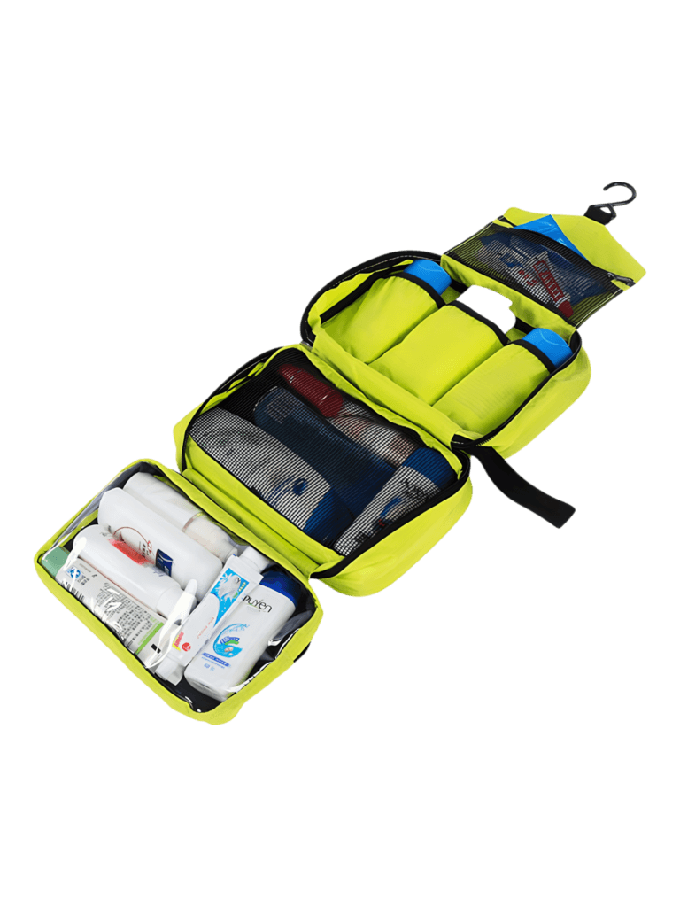 Trousse de toilette à crochet, camping, trekking, voyage, à suspendre en toile parachute avec compartiments, grand modèle jaune fluo 1