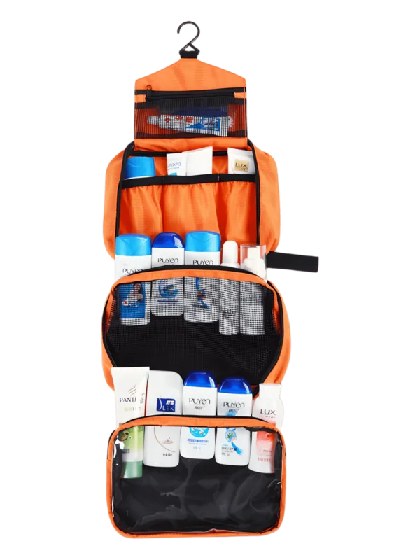 Saco de toilette com gancho, para campismo, caminhadas, viagens, pendurado, tecido de para-quedas com compartimentos, modelo grande laranja 1 Saco de toilette com gancho, para campismo, caminhadas, viagens, pendurado, tecido de para-quedas com compartimentos, modelo grande laranja 1