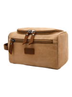 Trousse de toilette homme en toile avec empiècements cuirs et pochette extérieure couleur unie modèle beige Trousse de toilette homme en toile avec empiècements cuirs et pochette extérieure couleur unie modèle beige