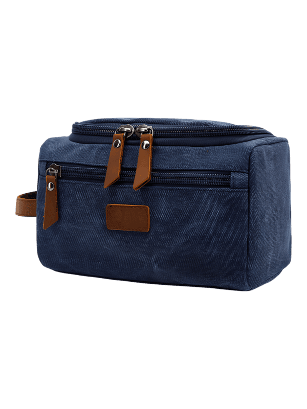 Men’s toiletry bag in canvas with leather inserts and outside pocket, solid color, blue model Men's toiletry bag in canvas with leather inserts and outside pocket, solid color, blue model