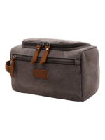 Trousse de toilette homme en toile avec empiècements cuirs et pochette extérieure couleur unie modèle gris Trousse de toilette homme en toile avec empiècements cuirs et pochette extérieure couleur unie modèle gris