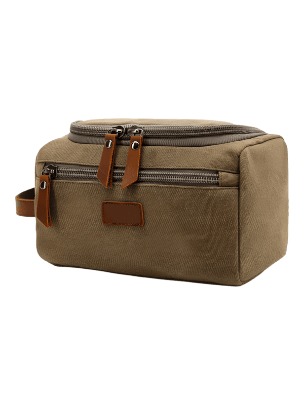 Men's toiletry bag in canvas with leather inserts and outside pocket, solid color, olive green model