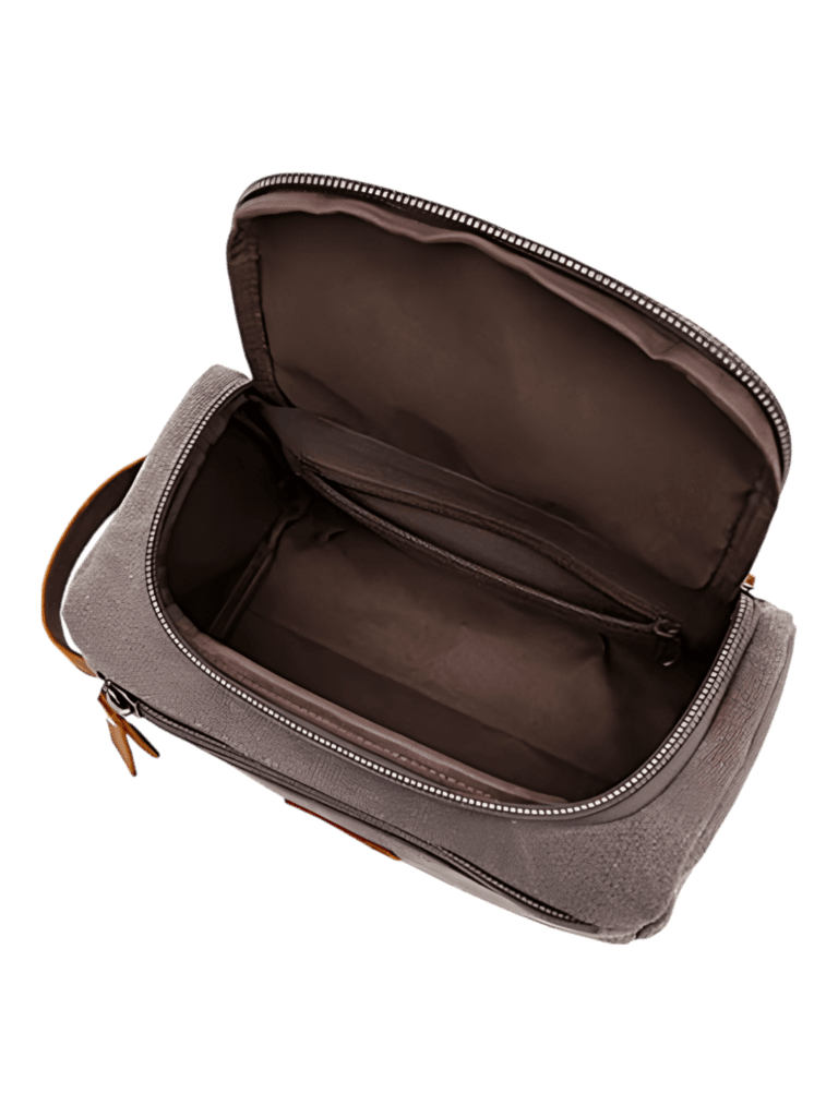 Trousse de toilette homme en toile avec empiècements cuirs et pochette extérieure couleur unie vue intérieure