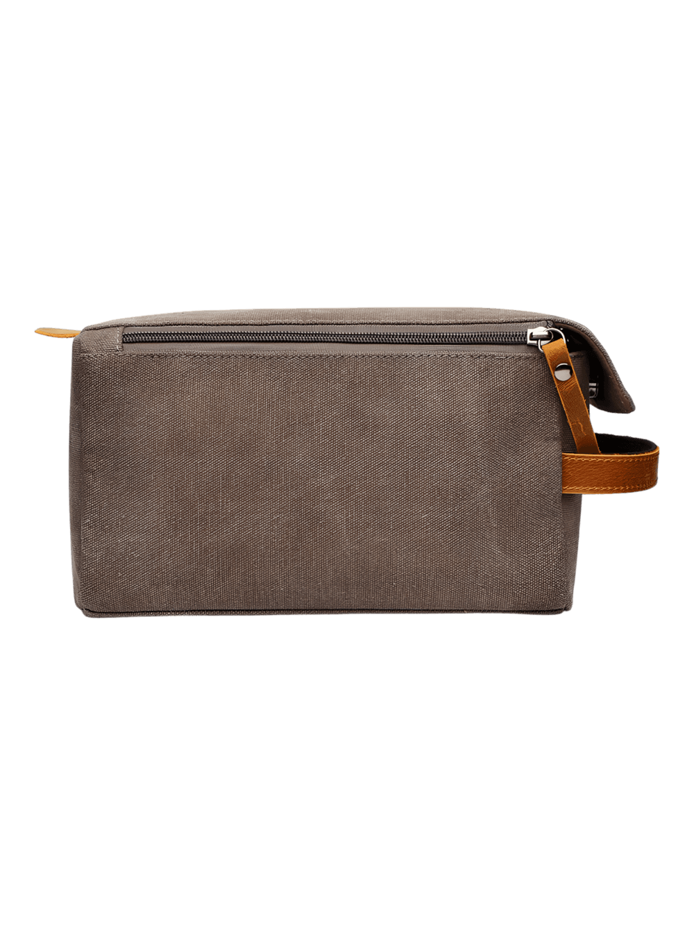Saco de toilette para homem em lona com inserções em pele, vista traseira modelo cinzento Saco de toilette para homem em lona com inserções em pele, vista traseira modelo cinzento