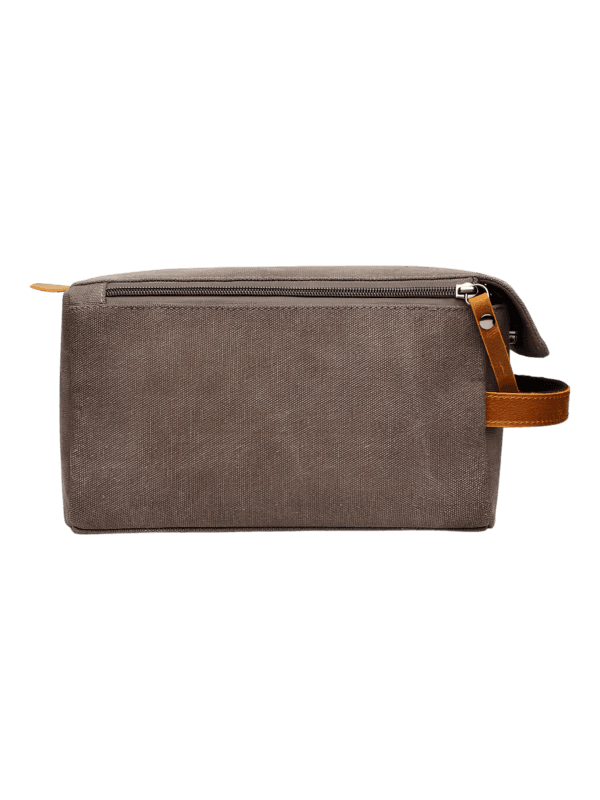 Neceser de hombre en lona con inserciones de piel, vista trasera modelo gris