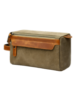 Herentoilettas van canvas met leren inzetstukken, olijfgroen model Herentoilettas van canvas met leren inzetstukken, olijfgroen model