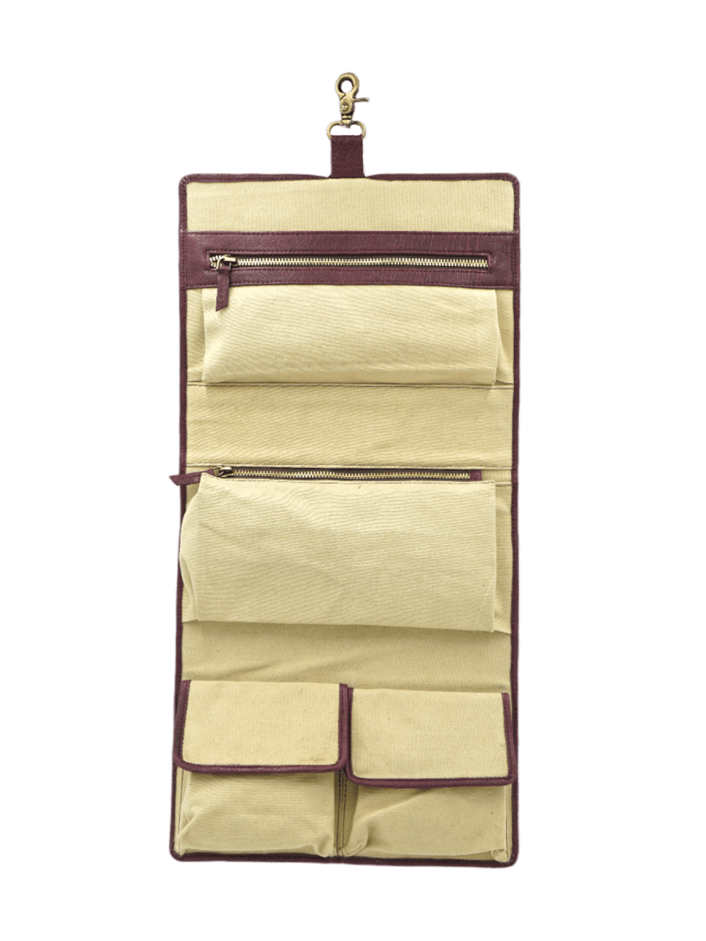 Trousse de toilette femme à suspendre en cuir rouge vue avant présentation Trousse de toilette femme à suspendre en cuir rouge vue avant présentation