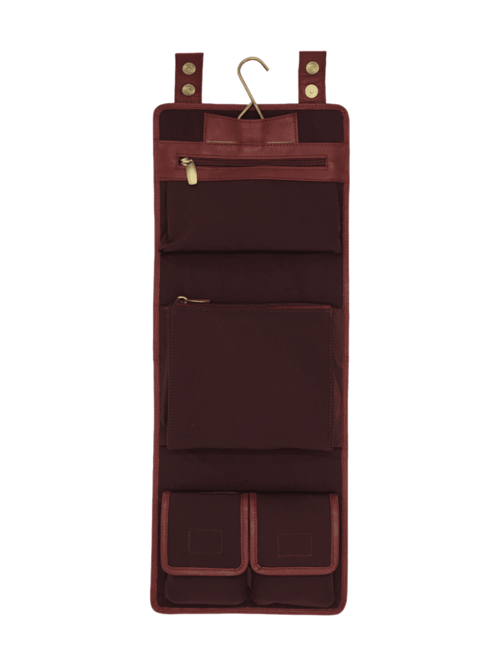 Trousse de toilette maquillage en cuir pour femme à suspendre avec quatre compartiments voyage tannage végétal rouge Trousse de toilette maquillage en cuir pour femme à suspendre avec quatre compartiments voyage tannage végétal rouge