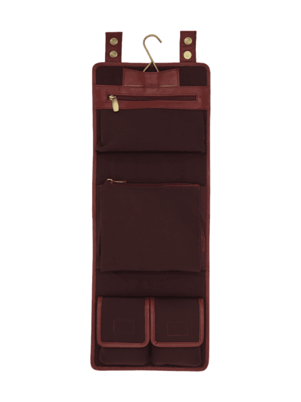 Trousse de toilette maquillage en cuir pour femme à suspendre avec quatre compartiments voyage tannage végétal rouge