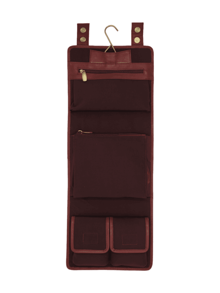 Trousse de toilette maquillage en cuir pour femme à suspendre avec quatre compartiments voyage tannage végétal rouge