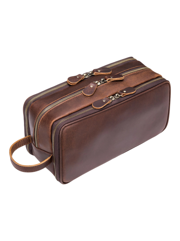 Grande trousse de toilette en cuir triple compartiment avec pochettes et elastiques couleur brun haut de gamme pour voyages elegants 2.png