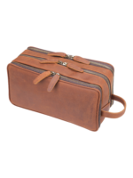 Grande trousse de toilette en cuir triple pochettes et elastiques coloris marron avec poignee zipper durable pour voyage 1.png