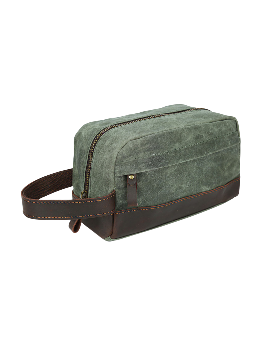 Trousse de toilette en tissu avec empiècement en cuir compacte avec compartiments et pochette avant style brut délavé 2