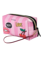 Trousse de toilette femme simple fashion rose avec motifs de bouches et cherries en rose douce avec poignee 1.png