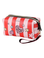 Trousse de toilette femme simple fashion rose avec rayures rouges et petits stickers colorés avec cœur argenté Trousse de toilette femme simple fashion rose avec rayures rouges et petits stickers colorés avec cœur argenté