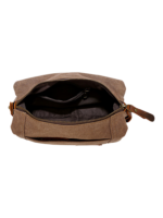 Trousse de toilette homme en tissu avec empiècement en cuir compacte avec compartiments style brut dessus ouverte Trousse de toilette homme en tissu avec empiècement en cuir compacte avec compartiments style brut dessus ouverte