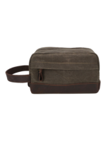 Trousse de toilette tissu empiècement cuir compartiments pochette avant style brut délavé avec poignée souple sobre et fonctionnel Trousse de toilette tissu empiècement cuir compartiments pochette avant style brut délavé avec poignée souple sobre et fonctionnel