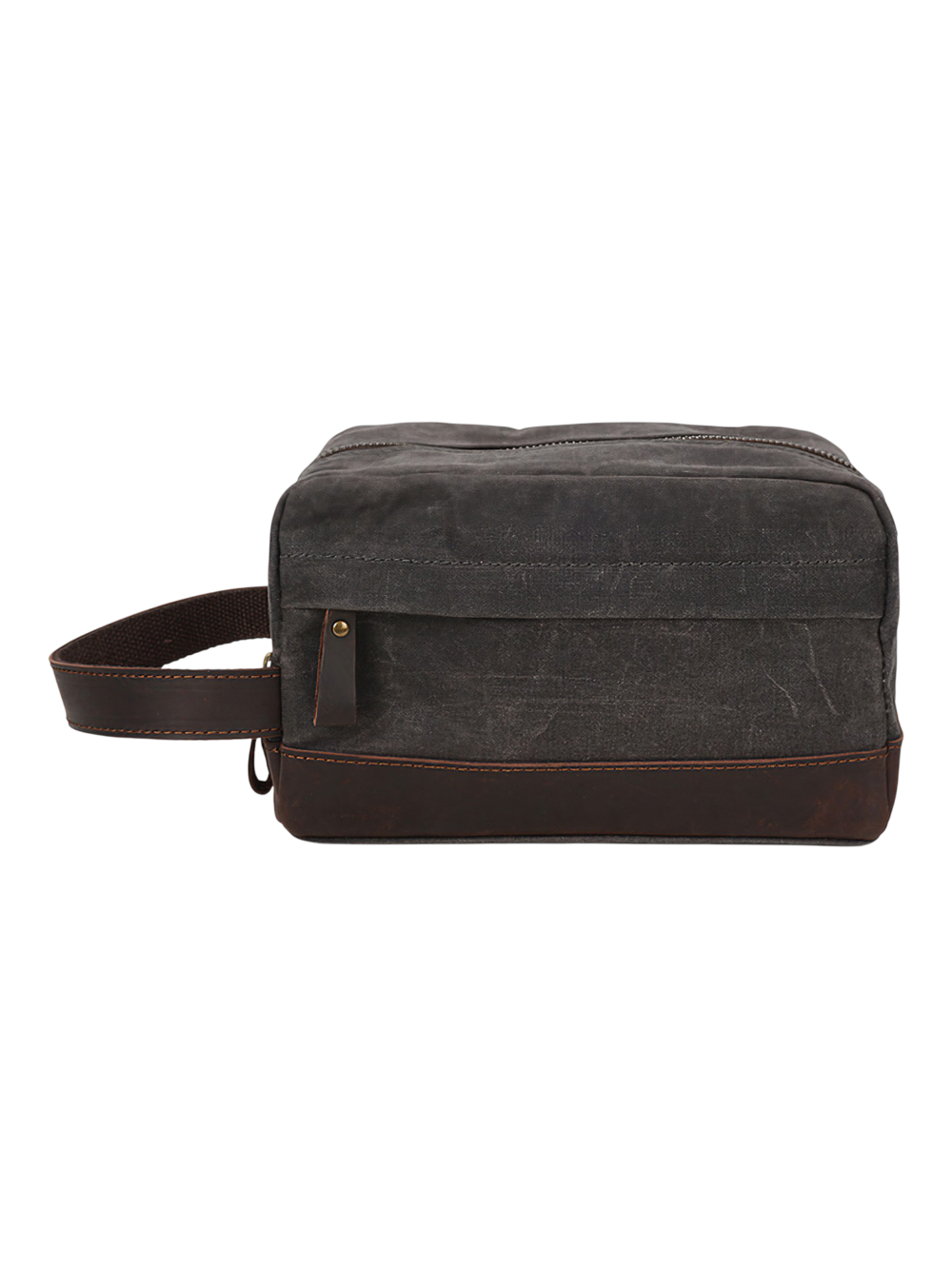 Trousse de toilette tissu empiècement cuir compartiments pochette avant style brut délavé souple pratique pour voyageur Trousse de toilette tissu empiècement cuir compartiments pochette avant style brut délavé souple pratique pour voyageur