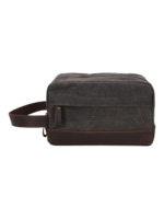 Trousse de toilette tissu empiècement cuir compartiments pochette avant style brut délavé souple pratique pour voyageur