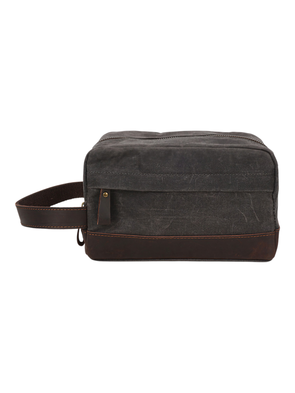 Trousse de toilette tissu empiècement cuir compartiments pochette avant style brut délavé souple pratique pour voyageur