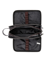 Trousse de toilette triple compartiment en cuir noir et rouge avec pochettes et elastiques pour voyage organisation pratique Trousse de toilette triple compartiment en cuir noir et rouge avec pochettes et elastiques pour voyage organisation pratique