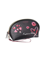 Trousse pochette fashion cosmétique maquillage femme coque noire avec cœurs et bouches rouges style paris