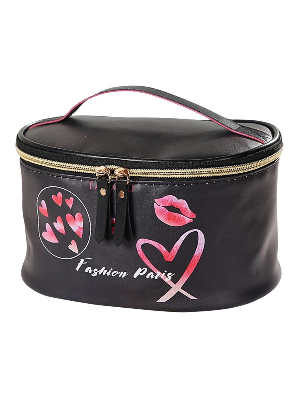 Vanity femme cosmetique maquillage simple fashion rose trendy makeup bag with graphic hearts and kiss lips design 1.png