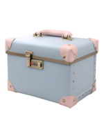 Mallette de maquillage portable vintage en cuir bleu avec accents rose et système de verrouillage