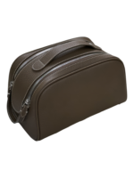 Trousse de maquillage toilette femme en cuir marron avec double fermeture éclair et anse pratique pour voyage