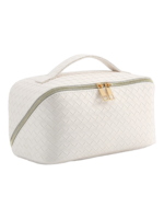 Trousse de maquillage tressee pour rangement cosmetique blanche avec plusieurs compartiments zipper gold detail 1.png