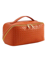 Trousse de maquillage tressee pour rangement cosmetique en cuir orange avec zip dore plusieurs compartiments elegante et pratique 1.png