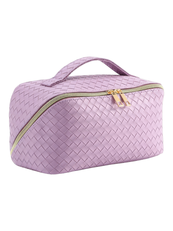 Trousse de maquillage tressee pour rangement cosmetique plusieurs compartiments couleur lilas avec zip or elegante et pratique 1.png