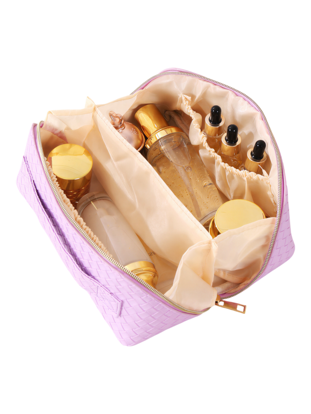 Trousse de maquillage tressée pour rangement cosmétique plusieurs compartiments vue intérieur Trousse de maquillage tressée pour rangement cosmétique plusieurs compartiments vue intérieur