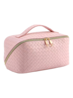 Trousse de maquillage tressee pour rangement cosmetique rose avec plusieurs compartiments et fermeture eclair doree 1.png