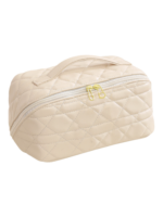 Trousse de toilette maquillage beige quiltée avec plusieurs compartiments et pochettes pour organisation des produits cosmétiques Trousse de toilette maquillage beige quiltée avec plusieurs compartiments et pochettes pour organisation des produits cosmétiques