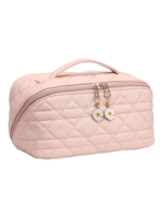 Trousse de toilette maquillage en cuir rose avec plusieurs compartiments et pochettes de rangement élégante avec detail fleur Trousse de toilette maquillage en cuir rose avec plusieurs compartiments et pochettes de rangement élégante avec detail fleur