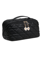 Trousse de toilette maquillage noire avec plusieurs compartiments pochettes décoratives fleurs blanches élégante et pratique