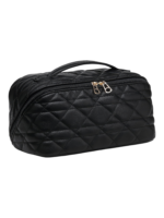 Trousse de toilette maquillage noire quiltée avec plusieurs compartiments et pochettes zip perles or élégante Trousse de toilette maquillage noire quiltée avec plusieurs compartiments et pochettes zip perles or élégante