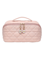 Trousse de toilette maquillage rose avec plusieurs compartiments et pochettes pour un rangement pratique ornée de fleurs
