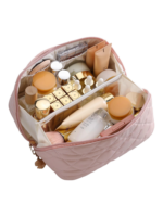 Trousse de toilette maquillage rose plusieurs compartiments pochettes doublure en tissus elegante organisation pour voyage vue intérieure 1