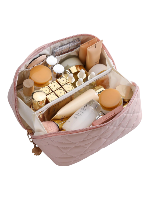 Trousse de toilette maquillage rose plusieurs compartiments pochettes doublure en tissus elegante organisation pour voyage vue intérieure 1