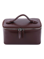Petit vanity trousse de maquillage en cuir véritable cuir brun foncé avec poignée et zipper élégante pour femmes