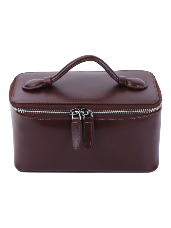 Petit vanity trousse de maquillage en cuir véritable cuir brun foncé avec poignée et zipper élégante pour femmes