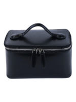 Petit vanity trousse de maquillage en cuir véritable noir haut de gamme avec poignée en cuir zipper durable pour cosmétiques