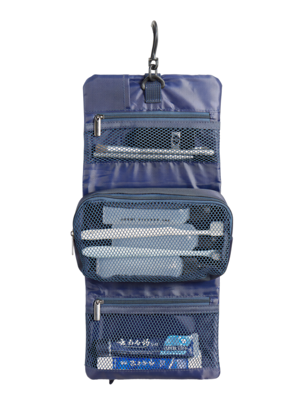 Trousse de toilette homme compacte pliable à suspendre avec multiple compartiments en filet bleu pour voyage