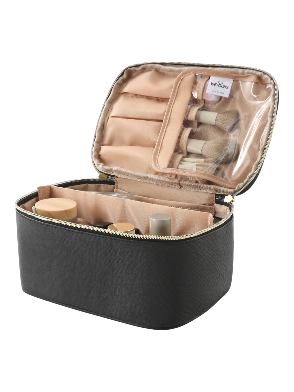 Trousse maquillage avec élastiques compartiments et rangement pinceaux pour brosses et produits cosmétiques élégante en noir