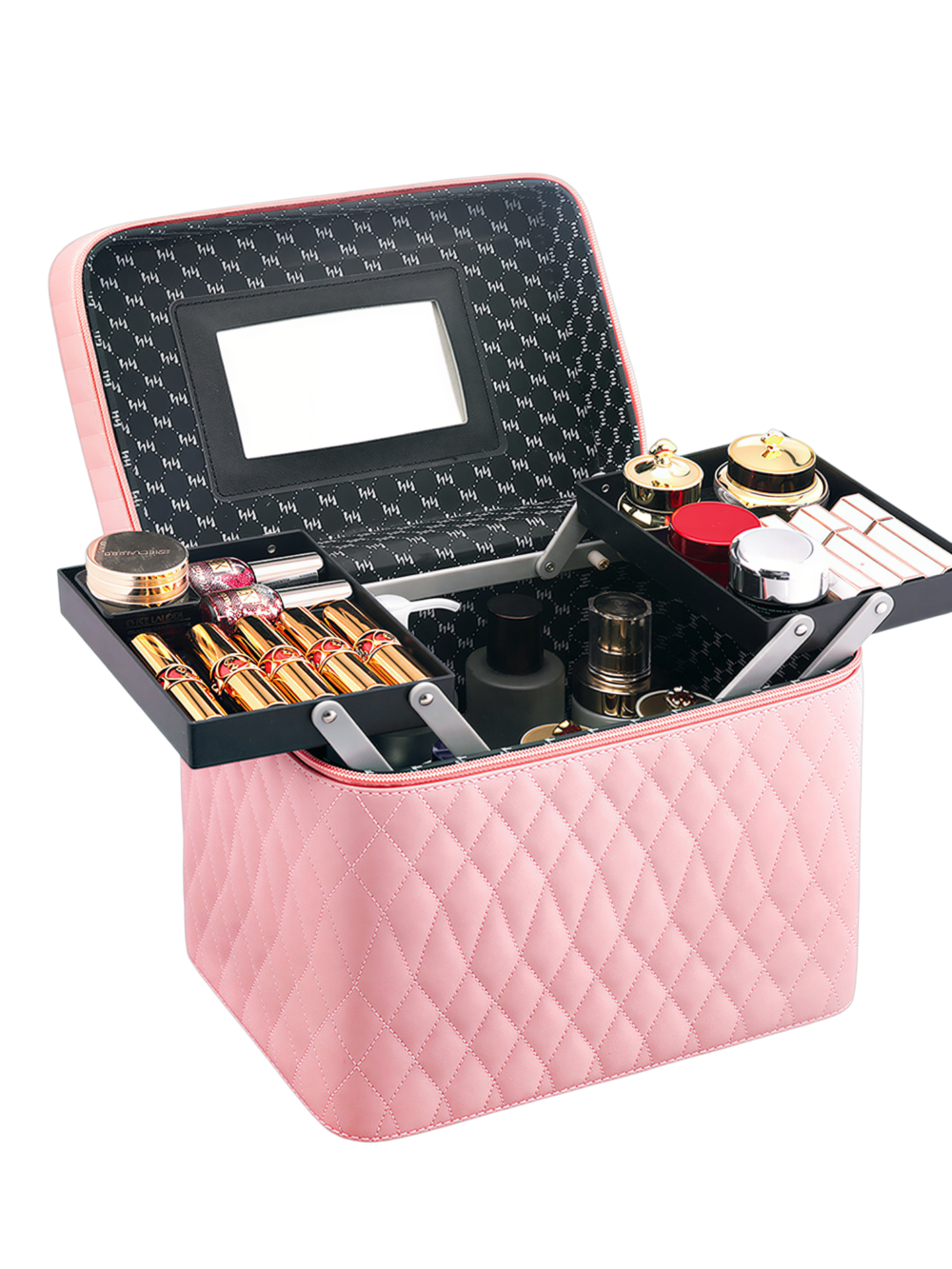 Vanity case de maquillage rigide complet multiple compartiment design embossé matelassé avec miroir en pink avec miroir et cosmétiques